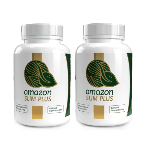 Frascos do suplemento Amazon SLIM PLUS, apresentando rótulos com informações nutricionais e design elegante.