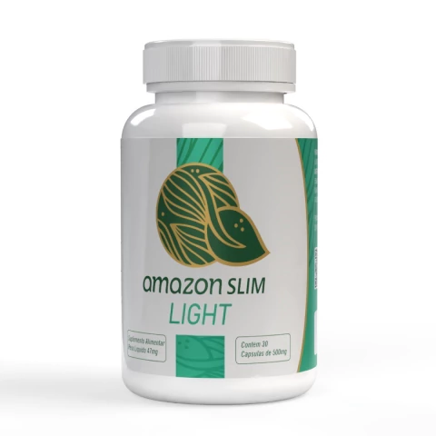 Frasco branco de suplemento alimentar Amazon Slim Light com rótulo verde e dourado