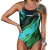 Maiô de natação feminino Woom Swim Marbella na cor verde, com estampa em tons de verde e azul.