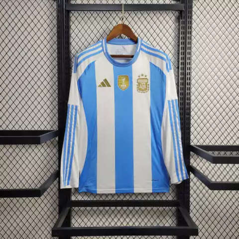 Camisa Seleção da Argentina I 24/25 manga longa - Torcedor Adidas Masculina - Azul e branca com detalhes em dourado