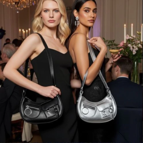 Mujeres con vestidos negros posando con carteras LUNA mini bag en colores negro y plateado en un evento elegante. Mini bags Mistika.