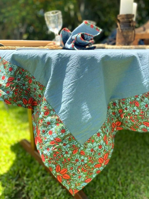 Mantel Tusor Azul con Block Print + Servilletas