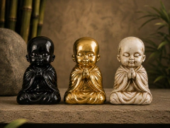 Estatuillas de monjes sentados rezando en colores negro, dorado y blanco, con acabado brillante y detalles artesanales
