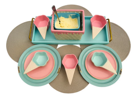 Kit Sobremesa Bowl Casquinha + Suporte P Sorvete Em Cerâmica