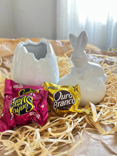 Kit Para Pascoa Em Cerâmica Decoração Ovo Mais Coelho