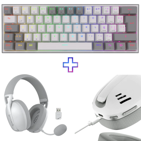 KIT110 TECLADOS REDRAGON FIZZ PRO BLANCO/GRIS + AURICULARES IRE H848 BLANCO/GRIS