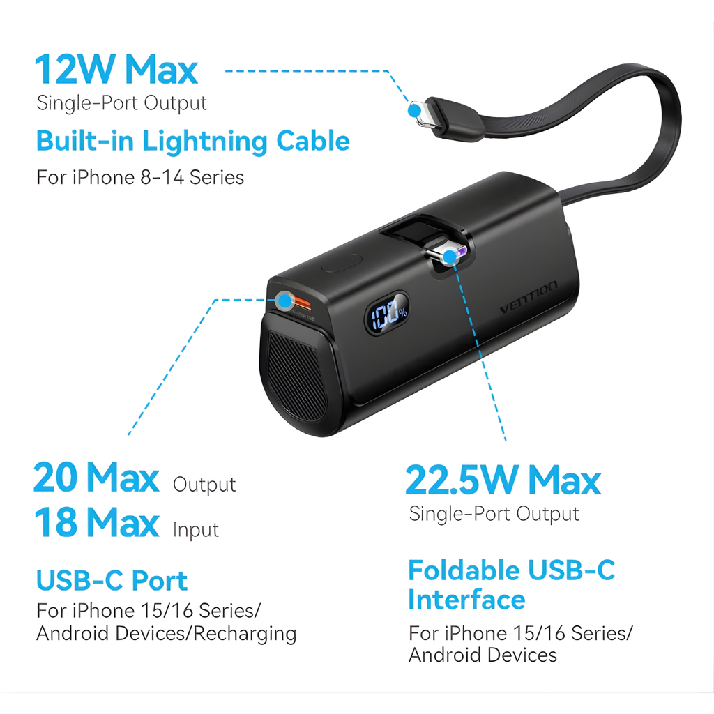 Cargador portatil power bank light+ usb c 20w 4800mah vention
