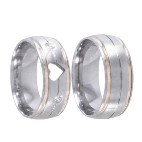 Par de Alianças Anatômicas 8 mm Rebaixadas com Dois Filetes e Friso Central – Aço Inox