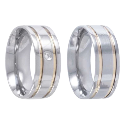 Par de Alianças Reta 8 mm com Dois Filetes – Aço Inox