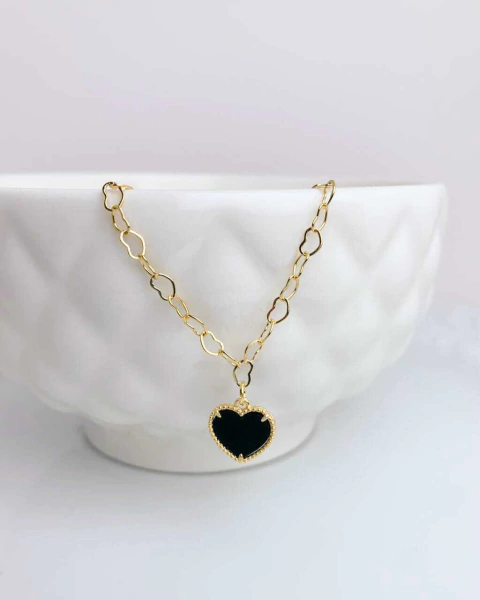 Pulseira Elos Coração e Pingente Coração Preto