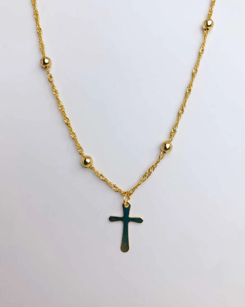 Colar Singapura e Bolinhas com Pingente Cruz Chapa