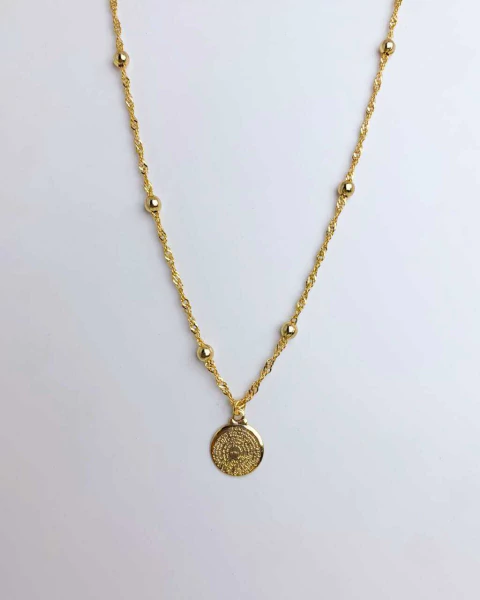 Colar Singapura e Bolinhas com Pingente Medalha Prece