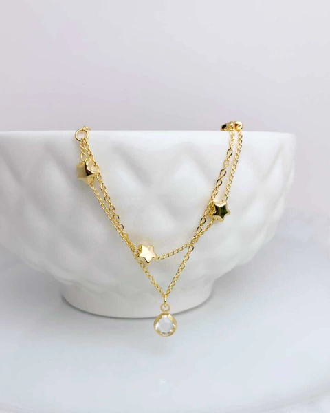 Pulseira Dupla Estrela Maciça e Ponto de Luz Cristal