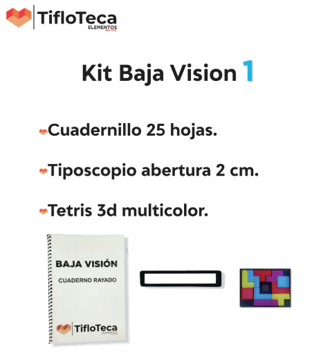 KIT BAJA VISION 1.

CUADERNILLO 25 HOJAS.
TIPOSCOPIO ABERTURA 2 CM
TETRIS 3D MULTICOLOR.
debajo, fotos de los  productos mencionados.