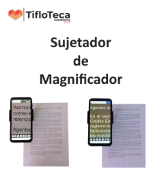 Foto de dos sujetadores de celular con la pantalla ampliada del texto  pequeño de la hoja.