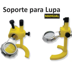 soporte de lupa para baja vision. PLano de frente y perfil del producto.