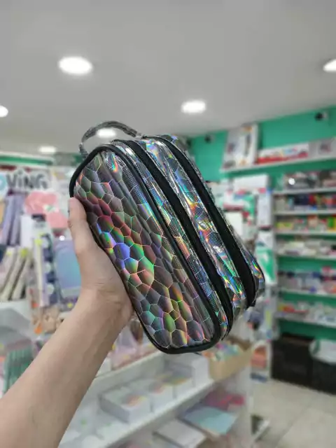 Cartuchera doble cierre charol - gris holografica