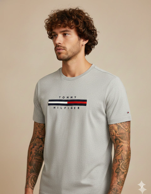 Camiseta Tommy H. Bordado Pelucia - Cinza Claro | Azul Marinho - comprar online