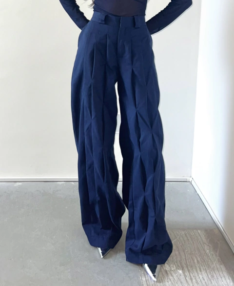 calça pregas - azul