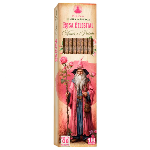 incenso natural Rosa Celestial Amor e Paixão da linha mística dos magos, 8 varetas, apresentando um mago com vestes rosa segurando flores.