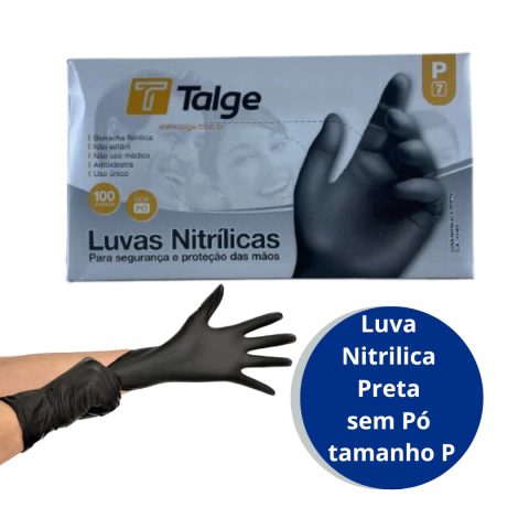 Luva Nitrilica Preta sem Pó Tamanho P com 100 un