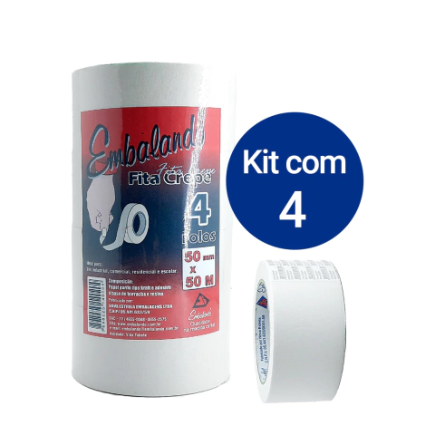 Fita Crepe Branca Larga com 4 rolos 50mm x 50m Embalando