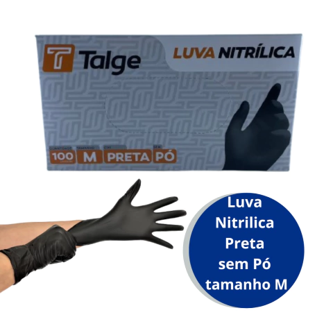 Luva Nitrilica Preta sem Pó Tamanho M com 100 un