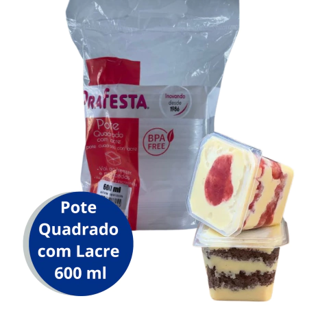 Pote Quadrado com Lacre 600 ml com 10 unidades