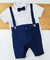 Conjunto Camisa Social ou Body Branca Amsterdã Bermuda Social Gravata Borboleta e Suspensório Azul Marinho Linho Índigo Trend na internet