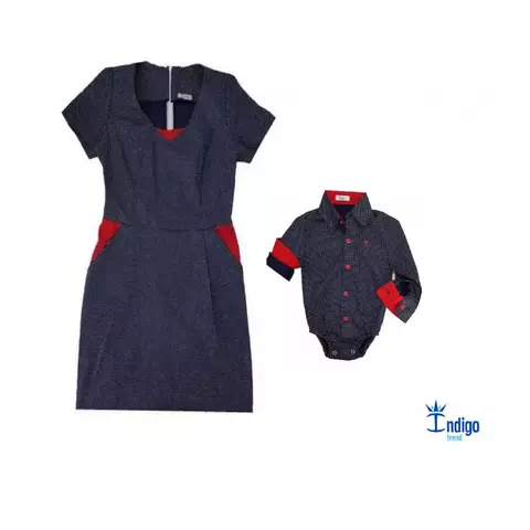 Kit Mãe e Filho Vestido Crystal e Camisa Social ou Body Azul Marinho e Vermelho Milão Poá Índigo Trend