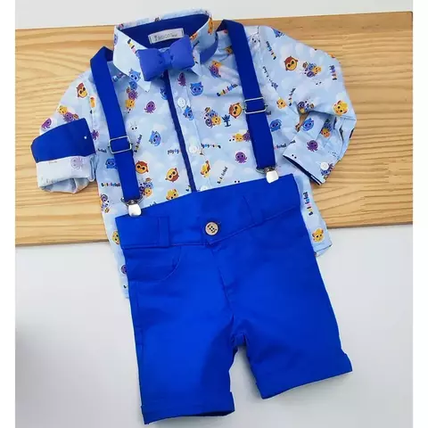 Conjunto Camisa Social ou Body Azul Bolofofos Bermuda Casual Gravata Borboleta e Suspensório Azul Royal Índigo Trend