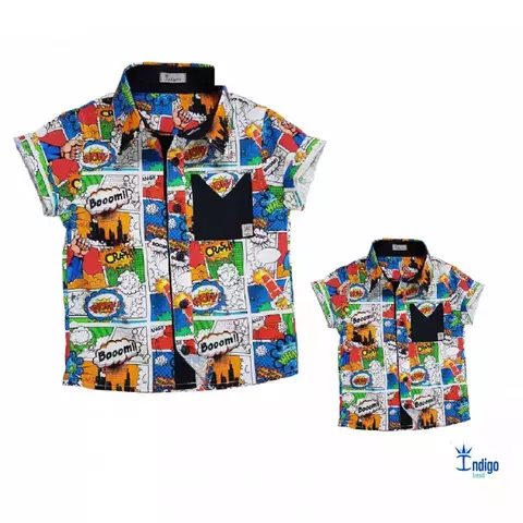Kit Pai e Filho Camisa Social ou Body Bang Super Heróis Com Bolso Índigo Trend