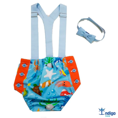 Kit Tapa Fraldas Smash The Cake Azul e Laranja Fundo do Mar Tailândia Gravata Borboleta e Suspensório Azul Bebê Índigo Trend