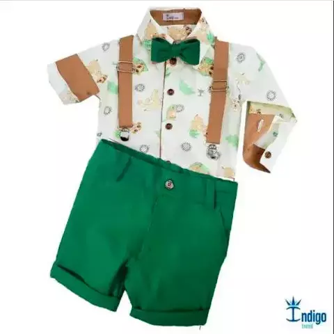 Conjunto Camisa Social ou Body Arca de Noé Leão Digital Bermuda Esporte Fino Gravata Borboleta Verde Bandeira e Suspensório Caramelo Claro Terracota Índigo Trend