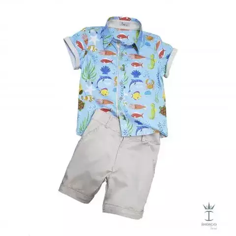 Conjunto Camisa Social ou Body Bege Tailândia Fundo do Mar Bermuda Bege Esporte Fino Índigo Trend