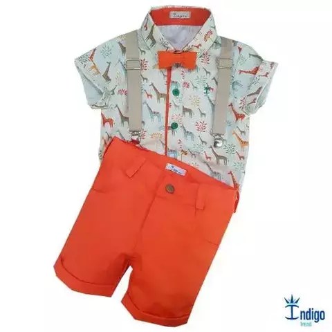Conjunto Camisa Social ou Body Savana Safári Bermuda Casual e Gravata Borboleta Laranja e Suspensório Bege Índigo Trend