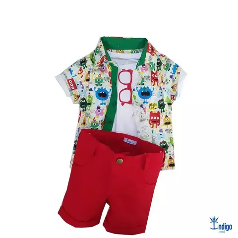 Conjunto Camiseta ou Body T-Shirt Branca Óculos Vermelho Camisa Social ou Body Monstrinhos Monstros SA e Bermuda Vermelha Casual Índigo Trend