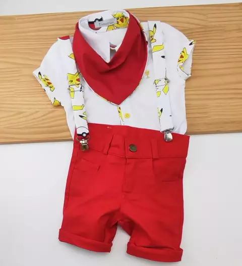 Conjunto Camisa Social ou Body Branca Pokémon Pikachu Bermuda Vermelha Casual Babador ou Bandana e Suspensório Pokémon Pikachu Índigo Trend - comprar online