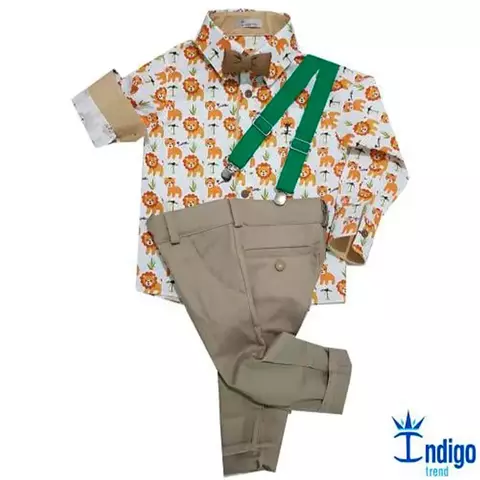 Conjunto Camisa Social ou Body Oslo Safári Calça Casual Verde Caqui Gravata Borboleta Caramelo e Suspensório Verde Bandeira Índigo Trend
