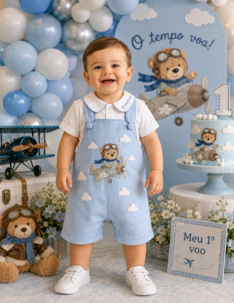 Conjunto Bata ou Body Charles Branco Bordado Personalizado e Jardineira Macacão Charles Azul Bebê Urso Aviador Bordado Boduchinhos