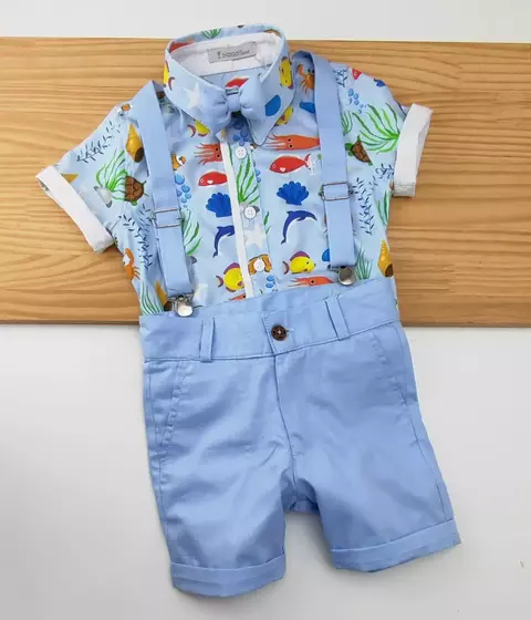 Conjunto Camisa Social ou Body Branca Tailândia Fundo do Mar Bermuda Esporte Fino Gravata Borboleta e Suspensório Azul Bebê Índigo Trend