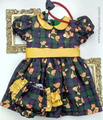 Kit Vestido Princesa Com Manga Bufante Tapa Fraldas e Laço Verde Ursa Escocesa Natal Índigo Trend - comprar online