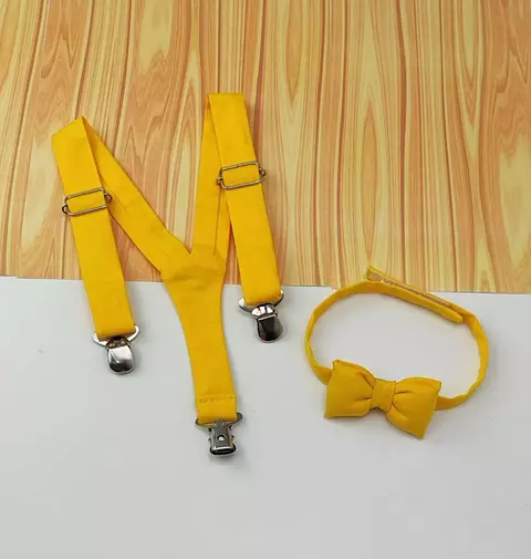 Kit Gravata Borboleta e Suspensório Amarelo Gema Adulto Infantil Bebê Índigo Trend
