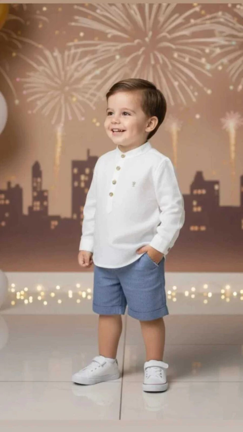 Conjunto Bata ou Body Gola Padre OffWhite Cambraia e Bermuda Denim Claro Casual Índigo Trend