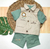 Conjunto Bata ou Body Gola Padre Verde Oliva Bordado Leão Safári Savana Bermuda Verde Oliva Bolsos Frente Safári África Savana Bordado e Colete Verde Caqui Safári África Savana Com Meses e Nome Bordado Índigo Trend