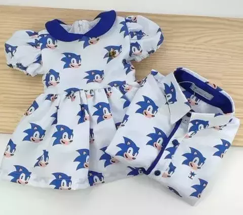 Kit Irmãos Camisa Social ou Body e Vestido Princesa Com Manga Bufante Sonic Índigo Trend