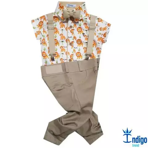 Conjunto Camisa Social ou Body Oslo Safári Calça Casual Gravata Borboleta e Suspensório Verde Caqui Índigo Trend