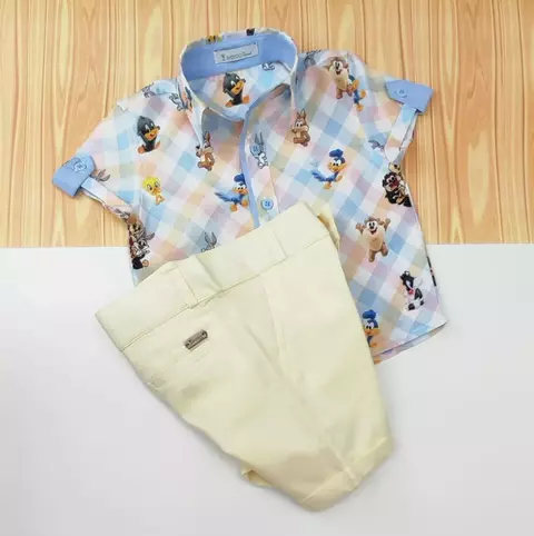 Conjunto Camisa Social ou Body Looney Tunes e Bermuda Amarelo Bebê Esporte Fino Índigo Trend