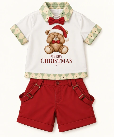 Conjunto Camiseta ou Body T-Shirt 2 em 1 Summer Natal Era Uma Vez – Bermuda, Gravata Borboleta e Suspensório Vermelho Adulto, Infantil e Bebê | Boduchinhos