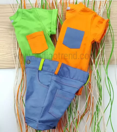 Kit Pai e Filho Camiseta ou Body T-Shirt Verde Limão Colors Laranja Camiseta T-Shirt Laranja Colors Denim Claro e Bermuda Denim Claro Colors Casual Índigo Trend